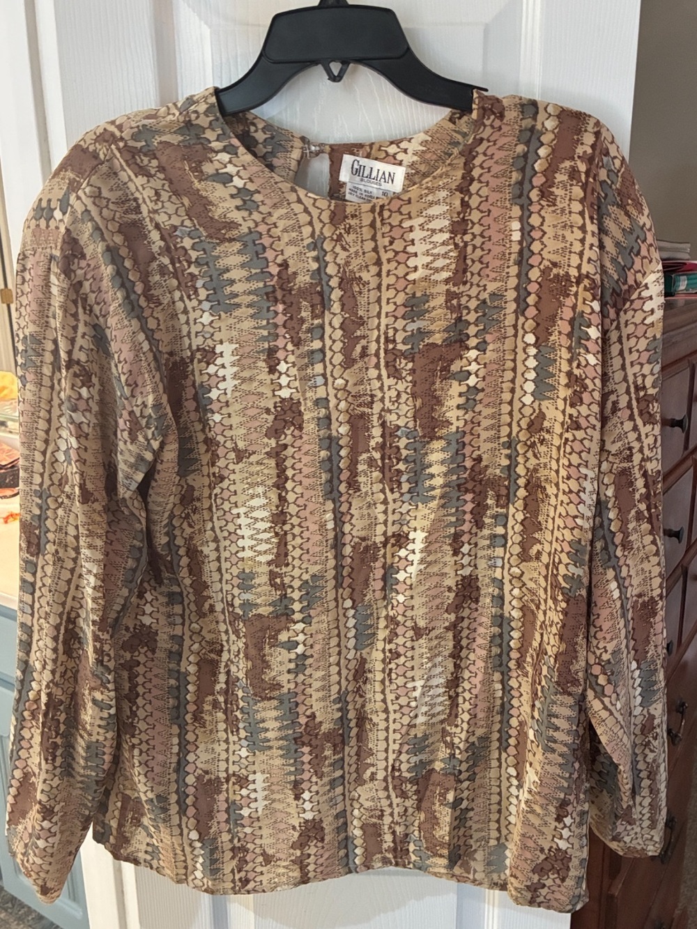Vintage Gillian 100% Silk Blouse in Beige, Brown and Dusty Blue Print SZ 10